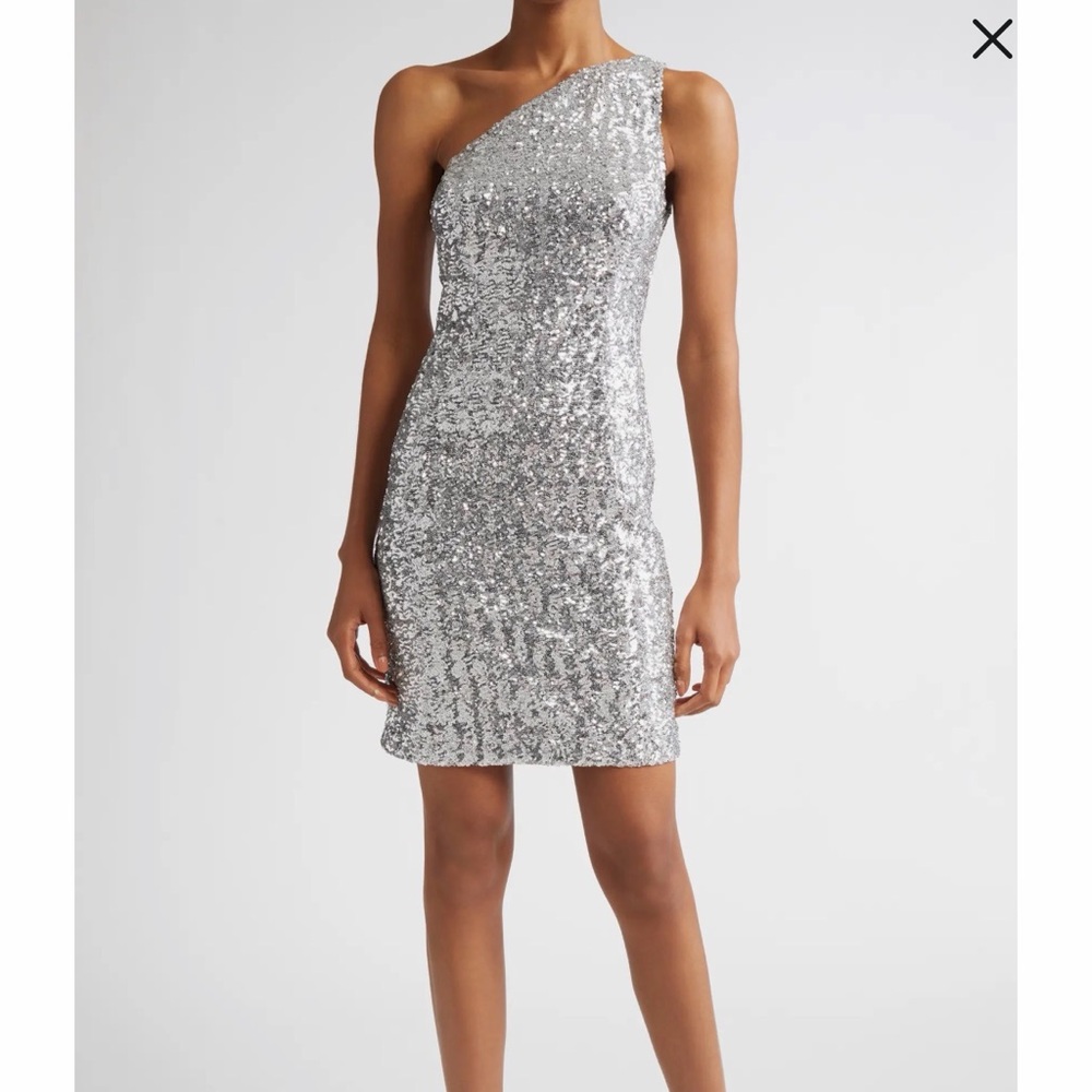 Michael Kors Collection Silver Sequin One-Shoulder Mini Dress